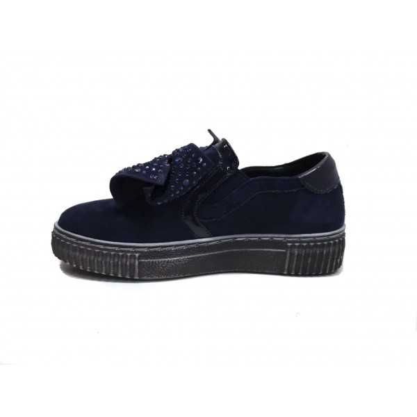 Slip on bambina blu con fiocco e strass plantare estraibile