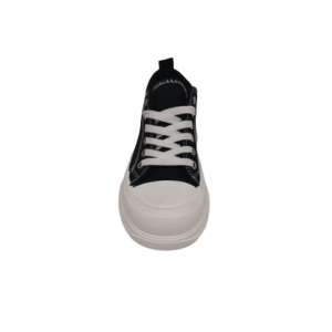 Sneakers donna nera in tela con zeppa bianca alta 2