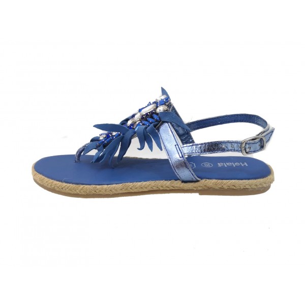 Infradito donna gioiello azzurro con frange vera pelle con corda espadrillas