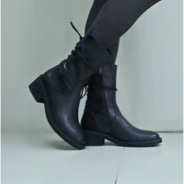 Stivali anfibi donna vera pelle nero con lacci