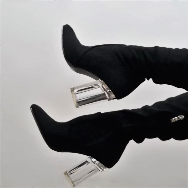 Stivale donna lungo gamba nero tacco doppio trasparente