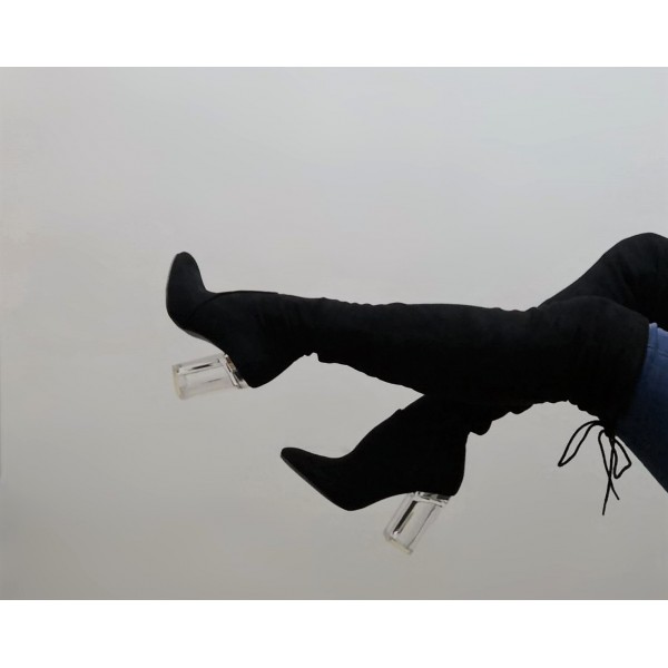 Stivale donna lungo gamba nero tacco doppio trasparente