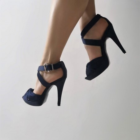 Sandalo donna raso blu fasciato tacco a spillo cinturino alla caviglia