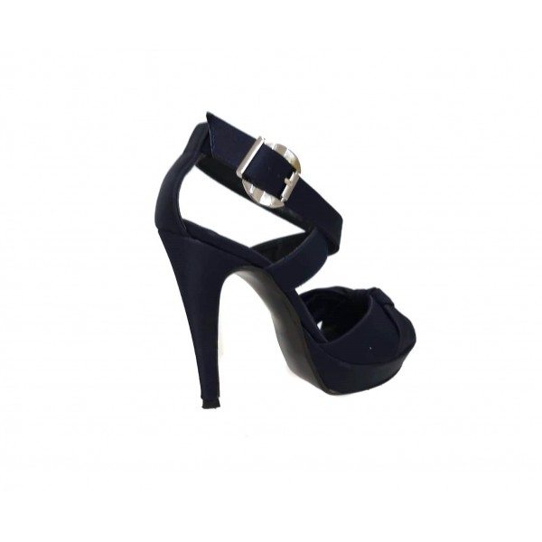 Sandalo donna raso blu fasciato tacco a spillo cinturino alla caviglia