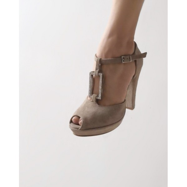 Sandalo donna con medaglione strass tacco doppio cinturino alla caviglia