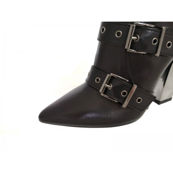 Stivale donna vera pelle nero a punta, fibbie decorative, tacco alto