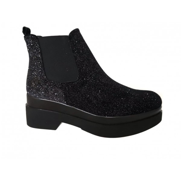 Tronchetto Beatles donna velluto glitter nero zeppa flatform
