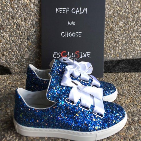 Fashion sneakers glitter blu con lacci raso Esclusive made in Italy