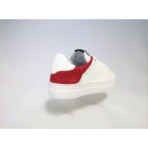 Sneakers donna pelle bianca con inserti glitter rosso 2